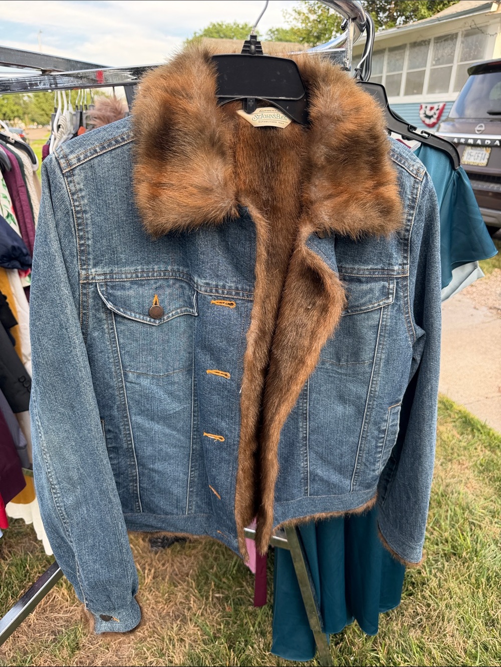 St. John's Bay Blue Denim Jacket with Brown Faux Fur Trim